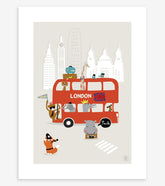 LONDON - Affiche enfant - Bus londonien et animaux