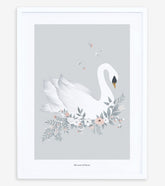 GRACE - Affiche encadrée enfant - Cygne et fleurs (fond gris)