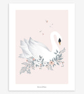 GRACE - Affiche enfant - Cygne et fleurs (fond rose)