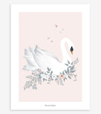GRACE - Affiche encadrée enfant - Cygne et fleurs (fond rose)