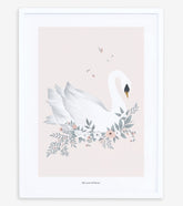 GRACE - Affiche encadrée enfant - Cygne et fleurs (fond rose)
