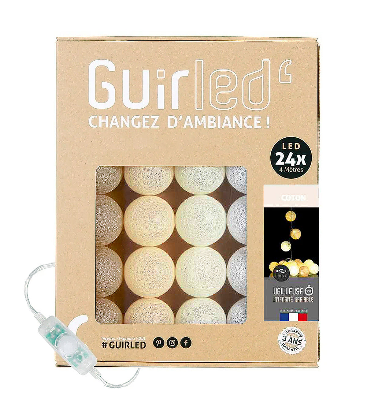 Guirlande lumineuse 24 boules de coton (beige) - Éclairage décoratif intérieur
