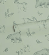 NATURAL - Papier peint animaux de la forêt vert sauge