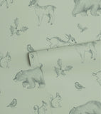 NATURAL - Papier peint animaux de la forêt vert sauge