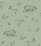 NATURAL - Papier peint animaux de la forêt vert sauge