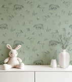 NATURAL - Papier peint animaux de la forêt vert sauge