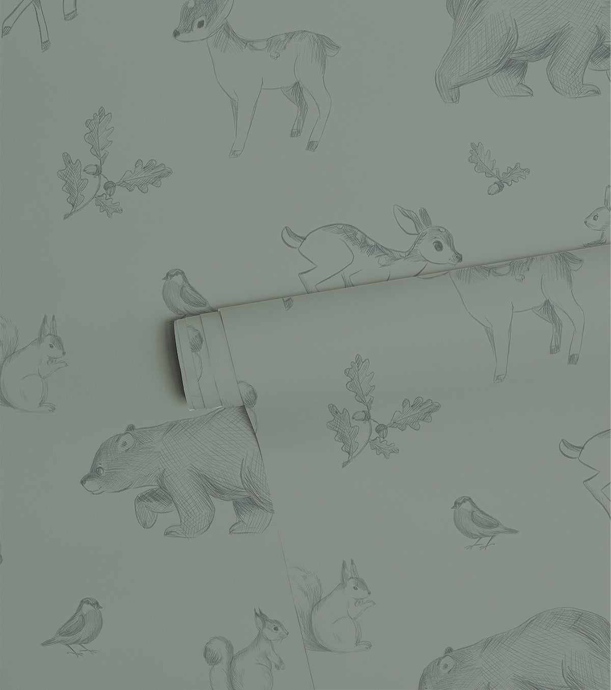 NATURAL - Papier peint animaux de la forêt vert foncé