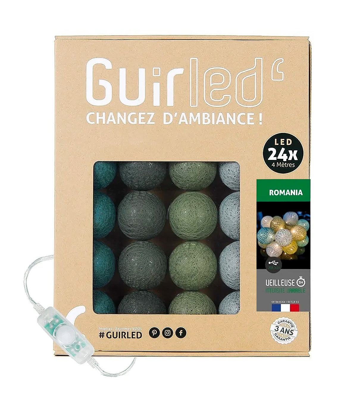 Guirlande lumineuse 24 boules de coton (vert) - Éclairage décoratif intérieur
