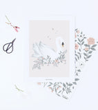 GRACE - Affiche encadrée enfant - Cygne et fleurs (fond rose)