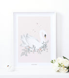 GRACE - Affiche encadrée enfant - Cygne et fleurs (fond rose)