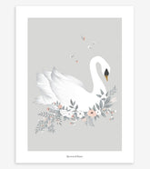 GRACE - Affiche enfant - Cygne et fleurs (fond gris)