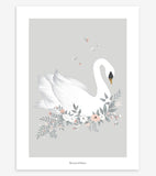 GRACE - Affiche encadrée enfant - Cygne et fleurs (fond gris)