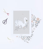 GRACE - Affiche encadrée enfant - Cygne et fleurs (fond gris)