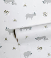 TANZANIA - Papier peint enfant - Motif rhinocéros fond gris