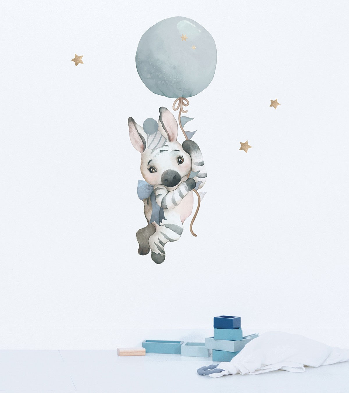 SELENE - Grand sticker - Le zèbre et son ballon (bleu)