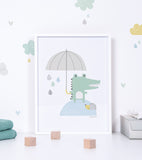 SMILE IT'S RAINING - Affiche enfant - Crocodile et son parapluie