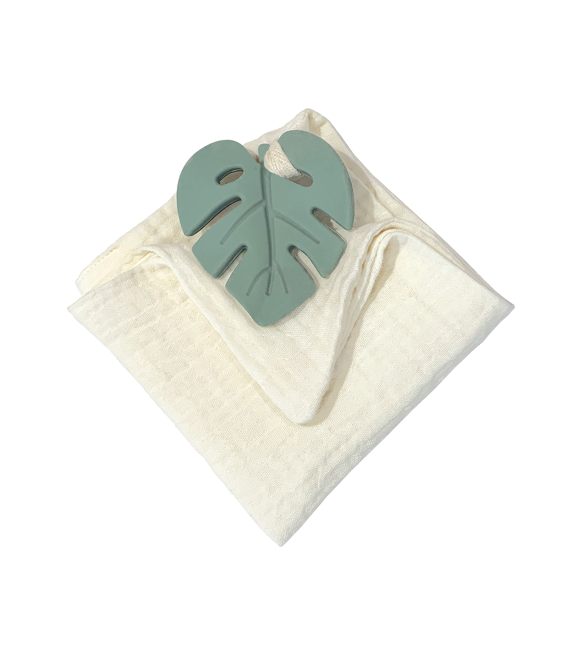 Anneau de dentition feuille aqua et lange ivoire