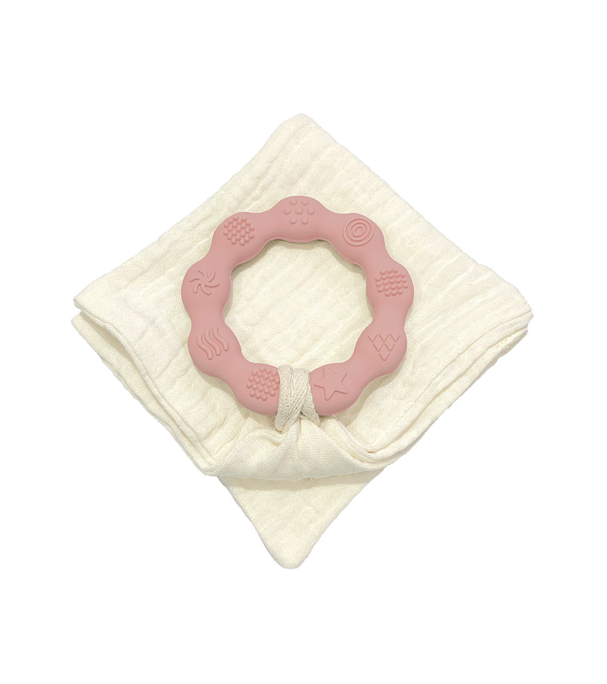 Anneau de dentition vieux rose et lange ivoire