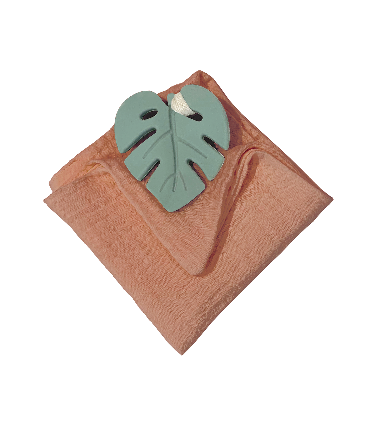 Anneau de dentition feuille aqua et lange terracotta