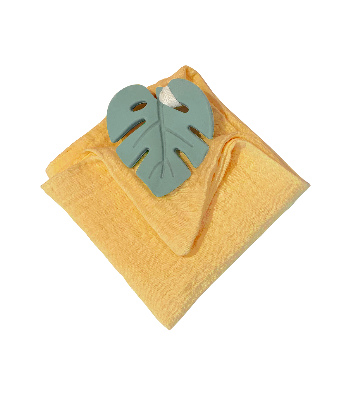 Anneau de dentition feuille aqua et lange moutarde