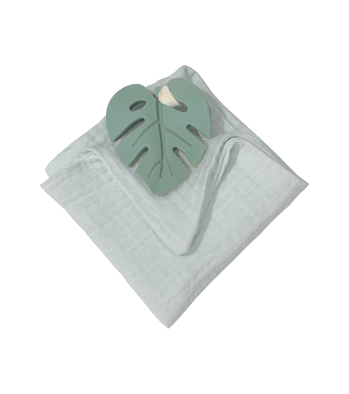 Anneau de dentition feuille aqua et lange gris bleu