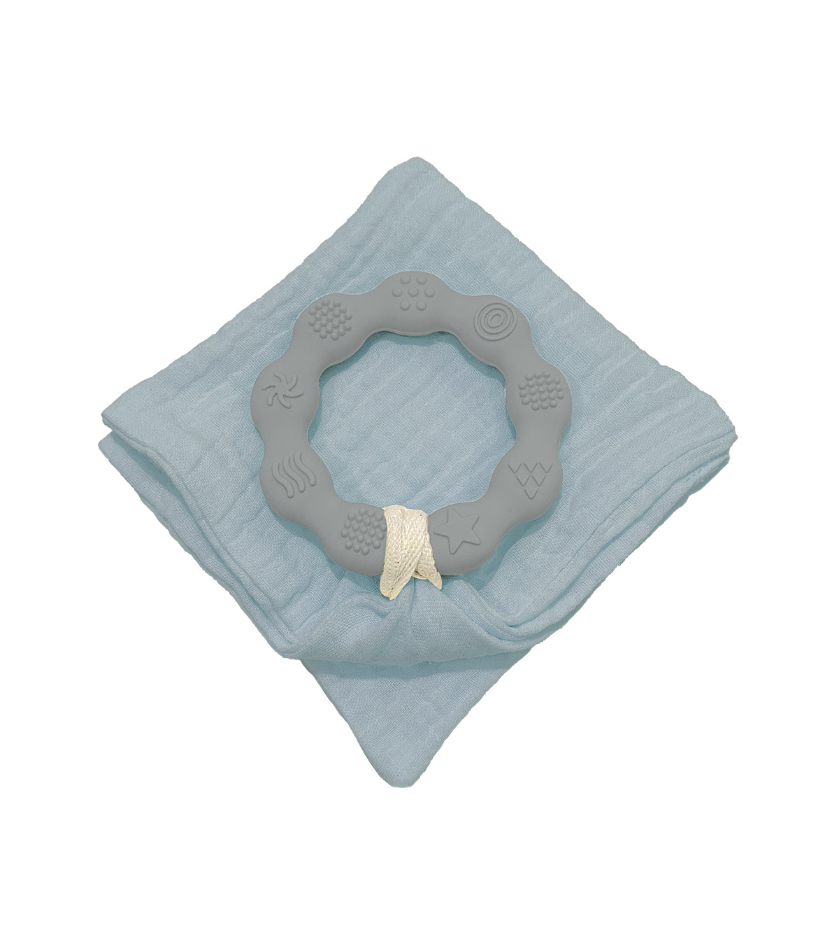 Anneau de dentition gris et son lange bleu
