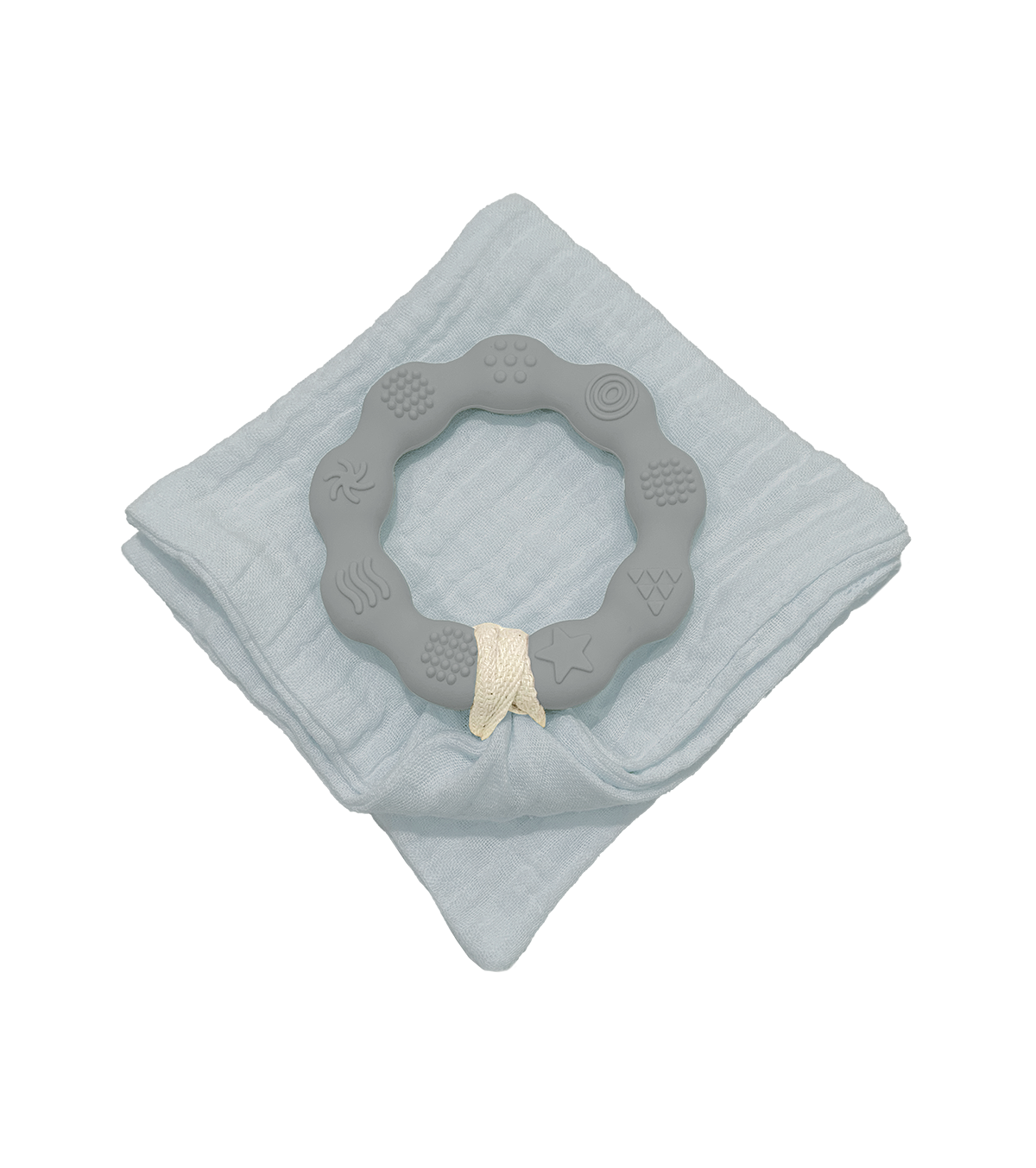 Anneau de dentition gris et son lange bleu clair