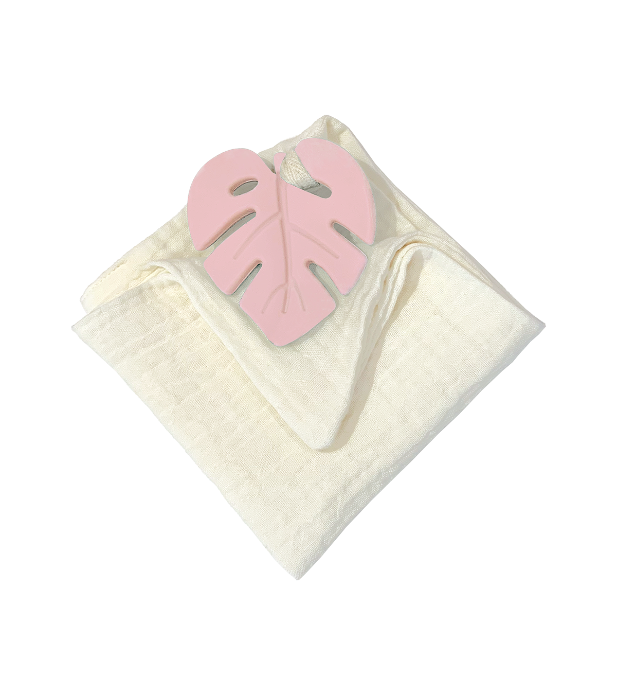 Anneau de dentition feuille rose et lange ivoire