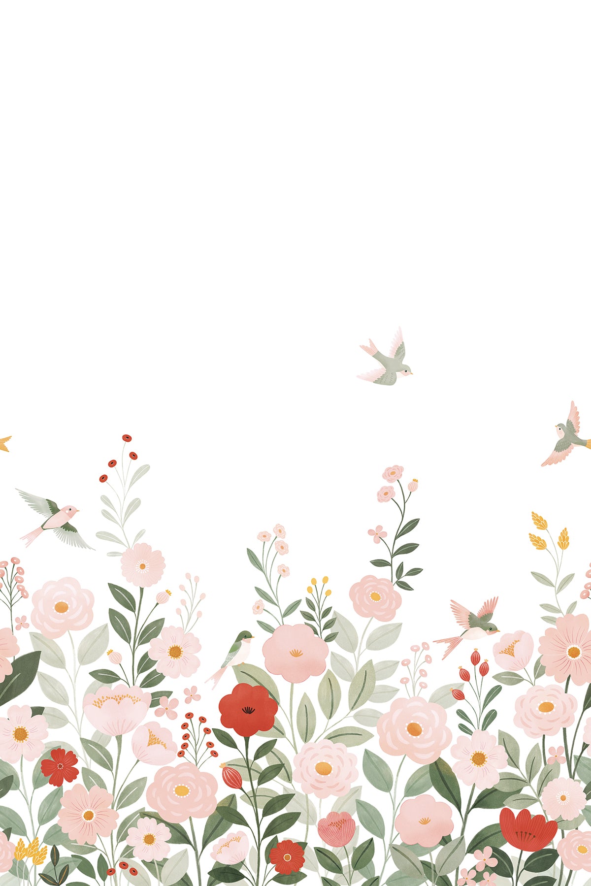 ALYSSE - Papier peint décor fleurs et oiseaux fond blanc