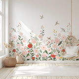 ALYSSE - Papier peint décor fleurs et oiseaux fond blanc