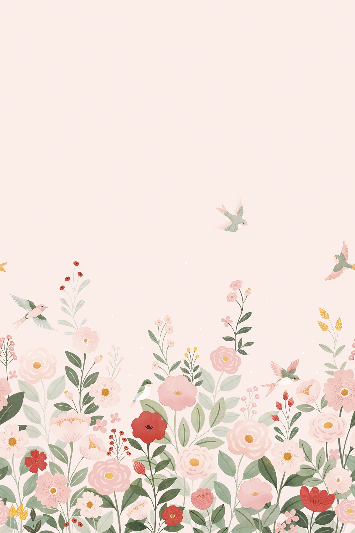 ALYSSE - Papier peint décor fleurs et oiseaux fond rose