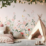 ALYSSE - Papier peint décor fleurs et oiseaux fond rose