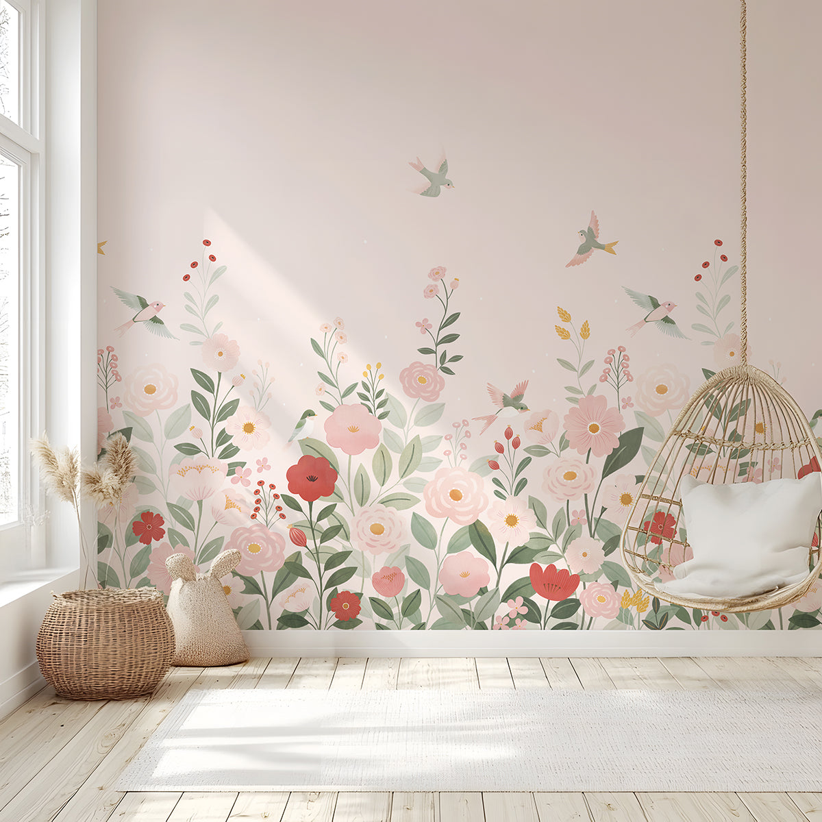 ALYSSE - Papier peint décor fleurs et oiseaux fond rose