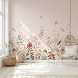 ALYSSE - Papier peint décor fleurs et oiseaux fond rose