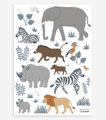 TANZANIA - Stickers muraux - Savane : éléphant, zèbres, lion …
