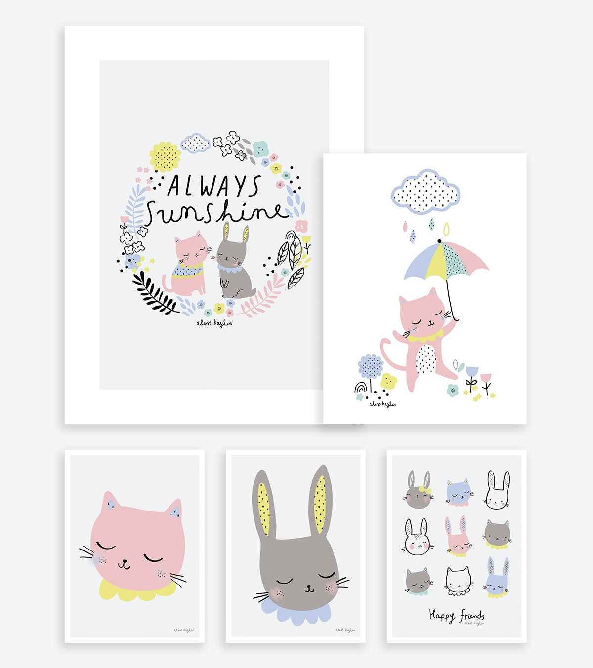 HAPPY CLOUDS - Lot affiches enfant - Chats et lapins (lot de 5)