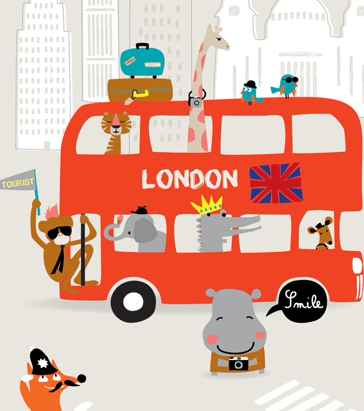 LONDON - Affiche enfant - Bus londonien et animaux