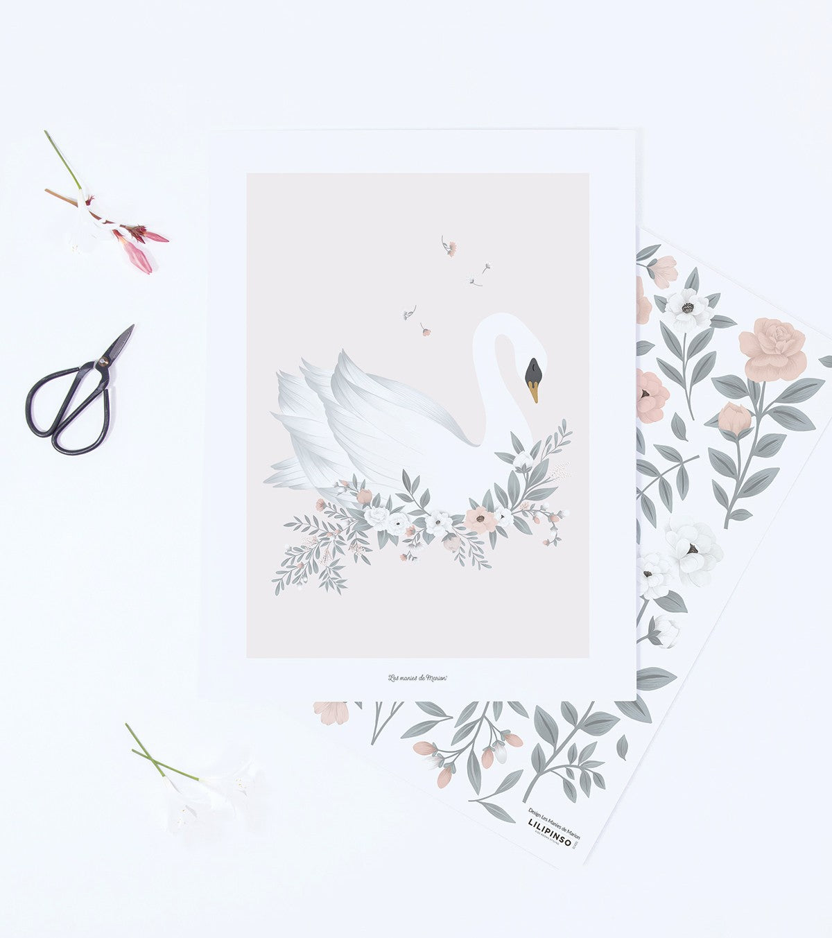 GRACE - Affiche enfant - Cygne et fleurs (fond rose)
