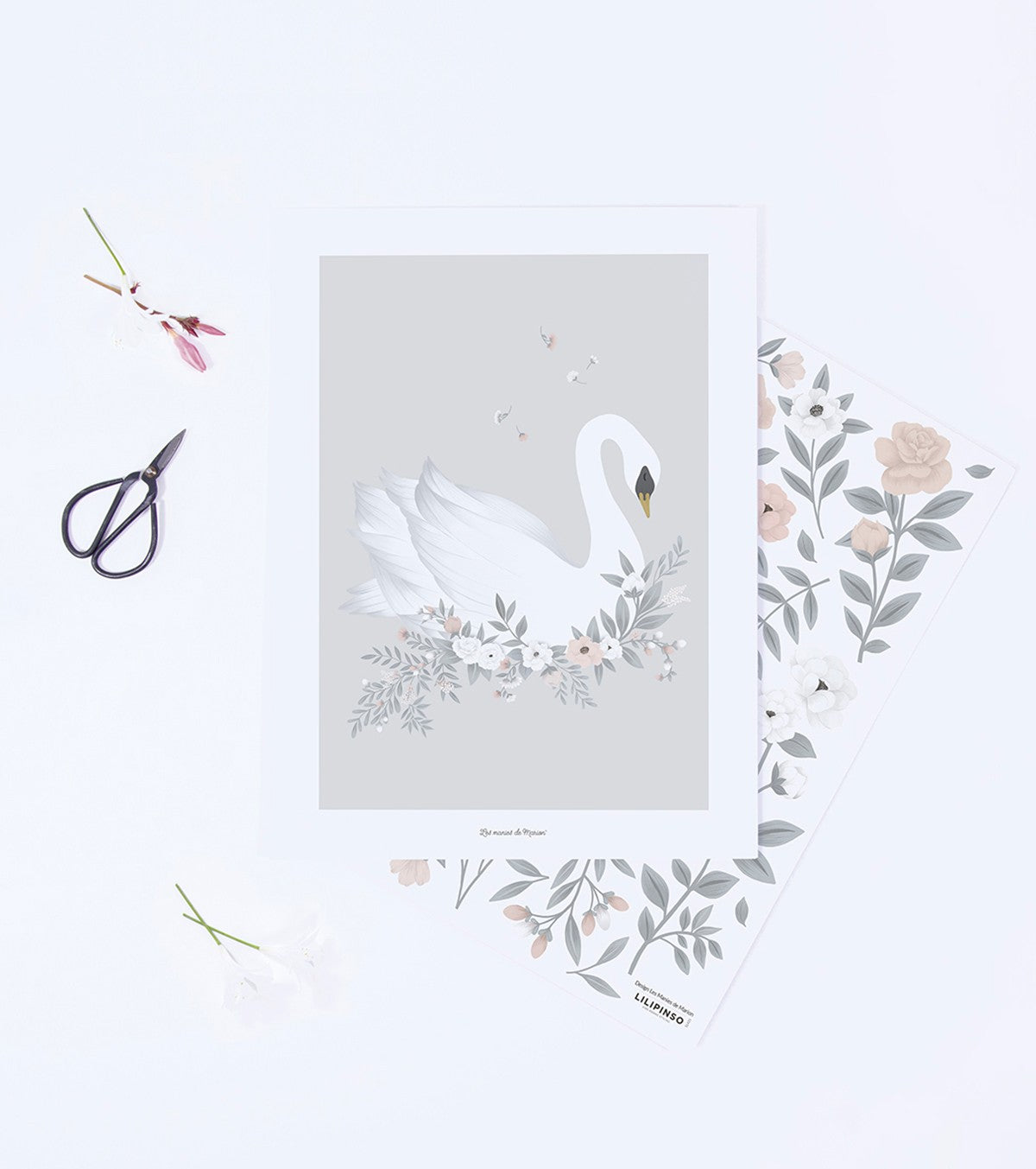GRACE - Affiche enfant - Cygne et fleurs (fond gris)