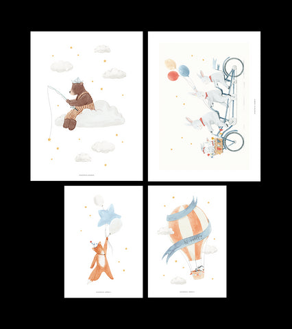 GENTLE FRIENDS - Lot de 4 affiches enfant - Lapin, ours, renard, montgolfières