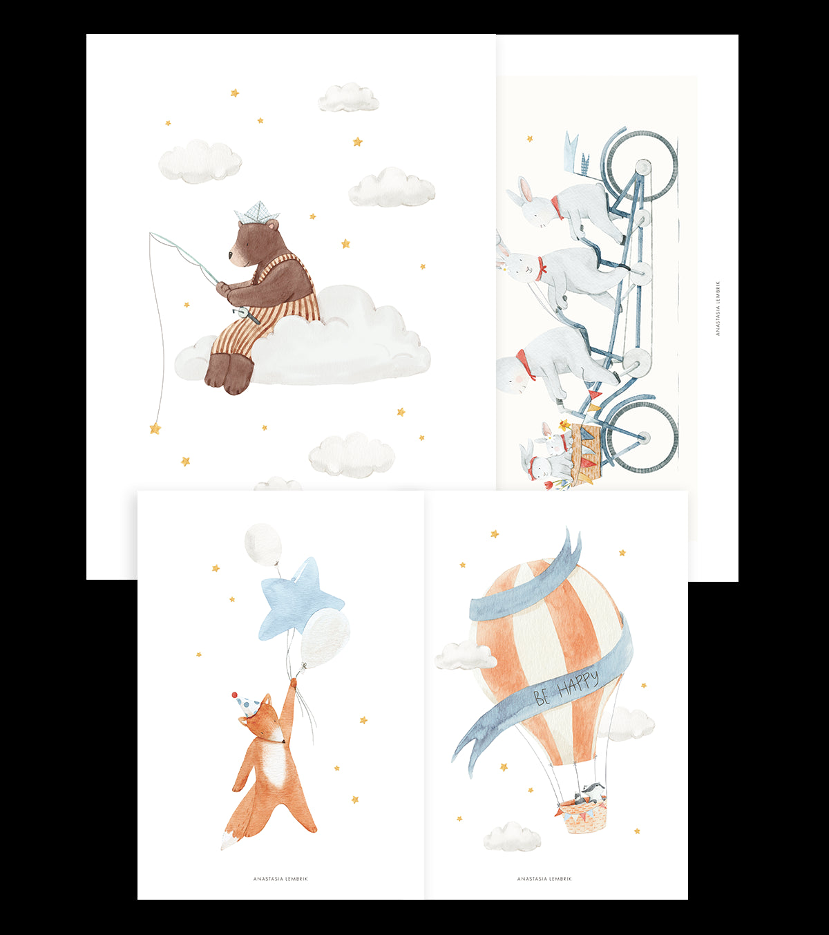 GENTLE FRIENDS - Lot de 4 affiches enfant - Lapin, ours, renard, montgolfières