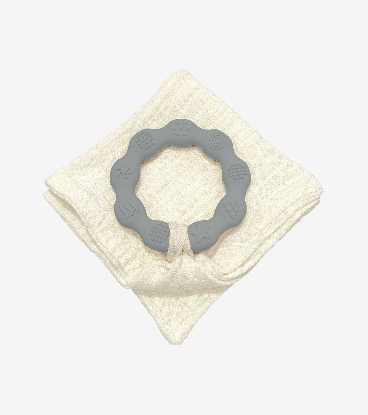 Anneau de dentition gris et son lange